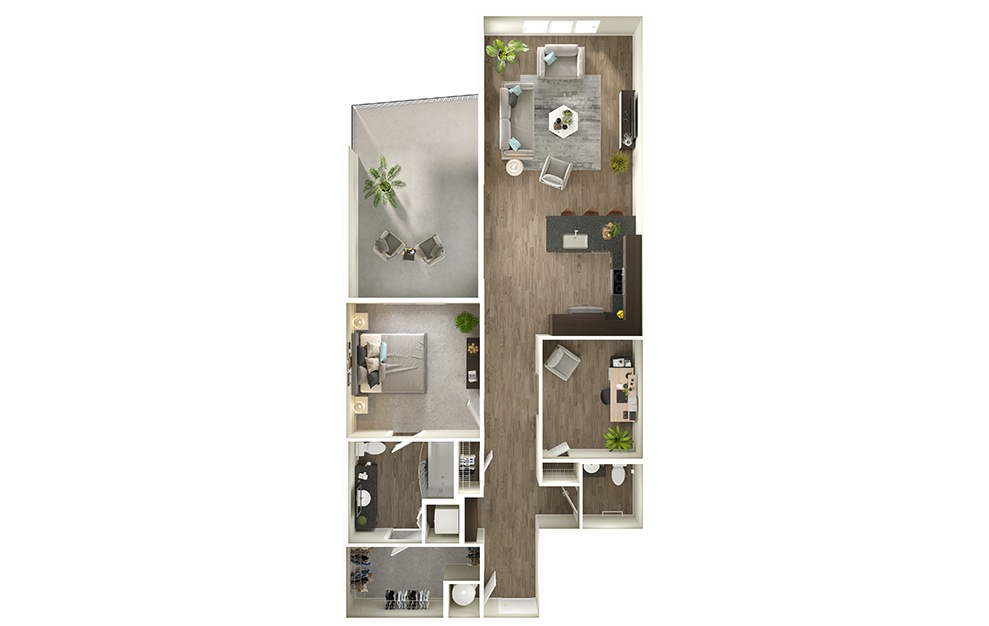A10D - 1 bedroom floorplan layout with 1 bath and 1086 square feet. (3D)