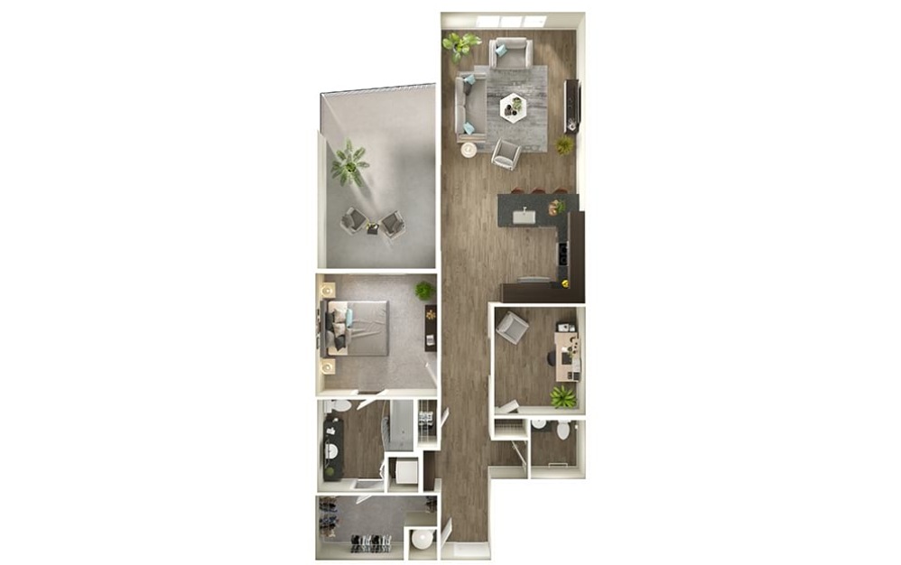 A10D - 1 bedroom floorplan layout with 1.5 bathroom and 1086 square feet (3D)