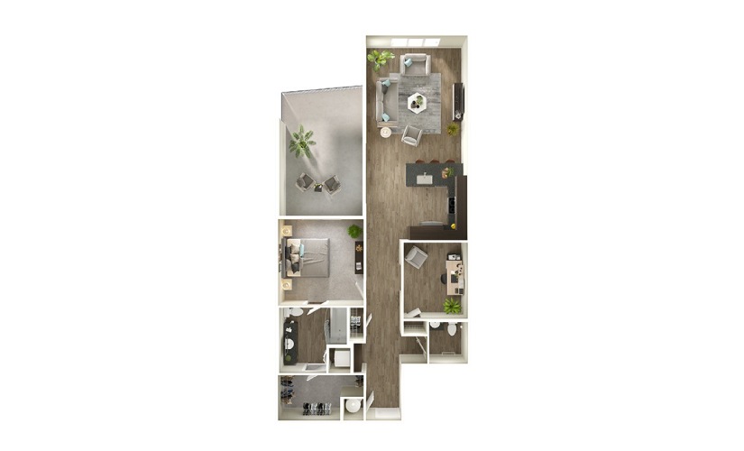 A10D - 1 bedroom floorplan layout with 1.5 bathroom and 1086 square feet