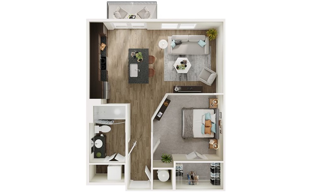 A2p - 1 bedroom floorplan layout with 1 bathroom and 632 square feet (3D)