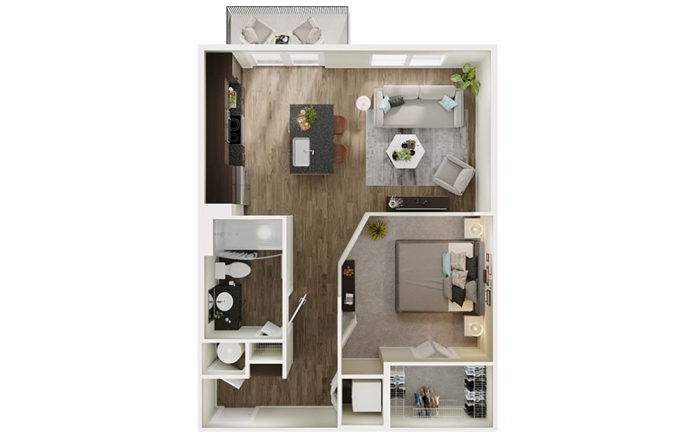 A3p - 1 bedroom floorplan layout with 1 bathroom and 664 square feet (3D)