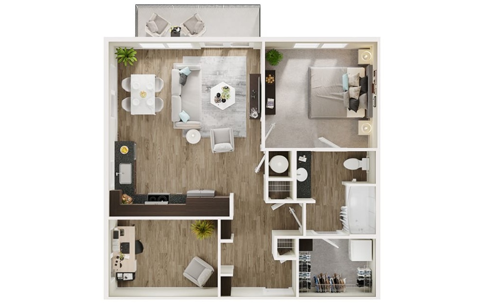 A7D - 1 bedroom floorplan layout with 1 bathroom and 824 square feet (3D)