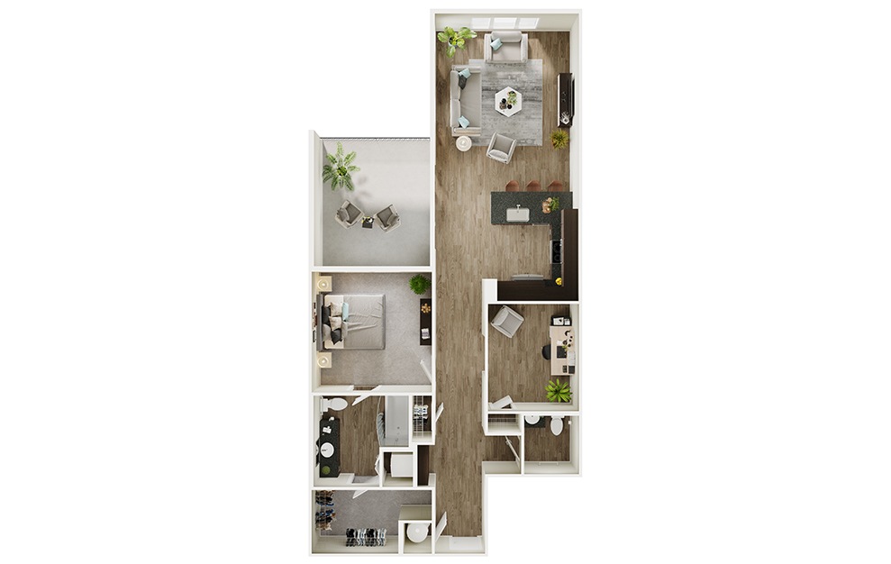 A9D - 1 bedroom floorplan layout with 1.5 bath and 1086 square feet. (3D)