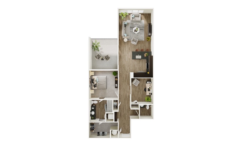 A9D - 1 bedroom floorplan layout with 1.5 bathroom and 1086 square feet