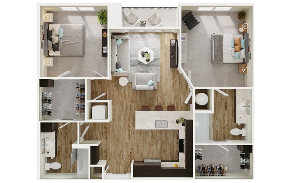 B1 - 2 bedroom floorplan layout with 2 bathrooms and 1070 square feet (3D)