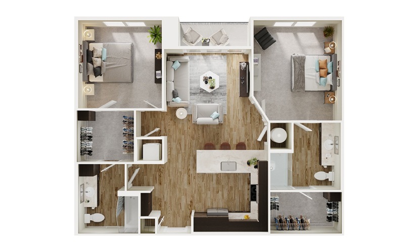 B1 - 2 bedroom floorplan layout with 2 bathrooms and 1070 square feet