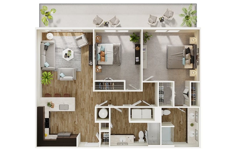 B2 - 2 bedroom floorplan layout with 2 bathrooms and 1080 square feet (3D)