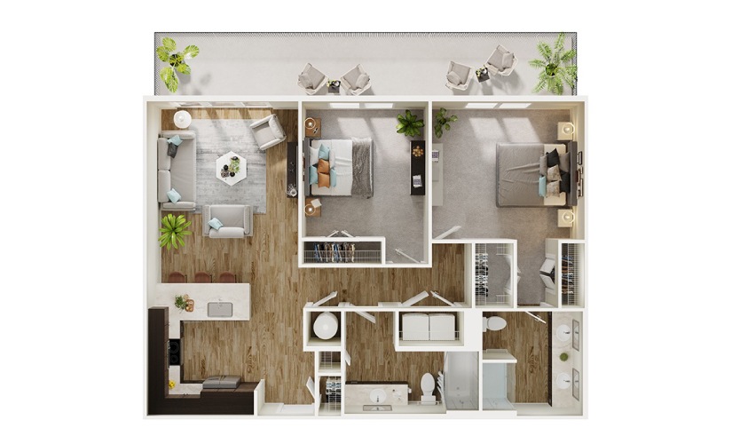 B2 - 2 bedroom floorplan layout with 2 bathrooms and 1080 square feet