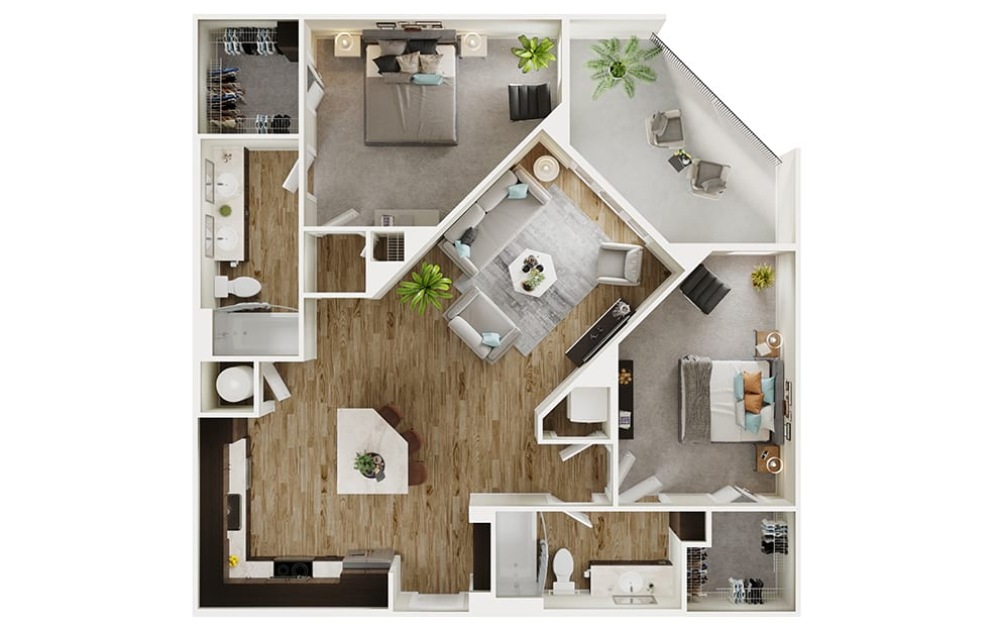 B3 - 2 bedroom floorplan layout with 2 bathrooms and 1126 square feet (3D)