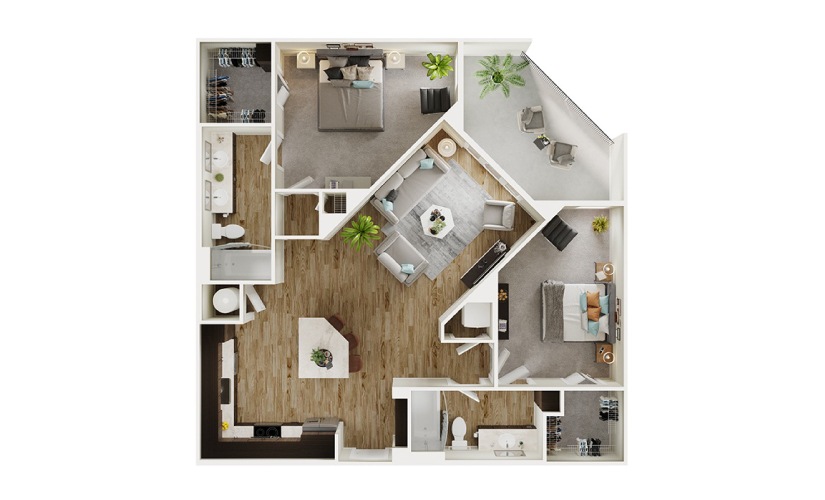 B3 - 2 bedroom floorplan layout with 2 bathrooms and 1126 square feet