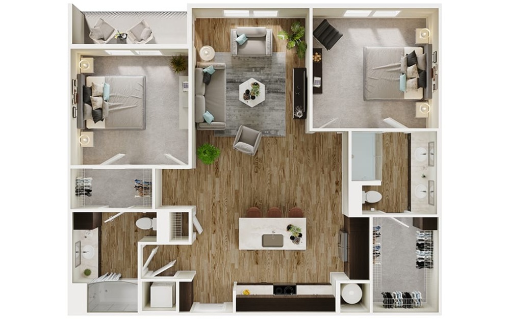 B4 - 2 bedroom floorplan layout with 2 bathrooms and 1165 square feet (3D)