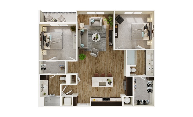 B4 - 2 bedroom floorplan layout with 2 bathrooms and 1165 square feet