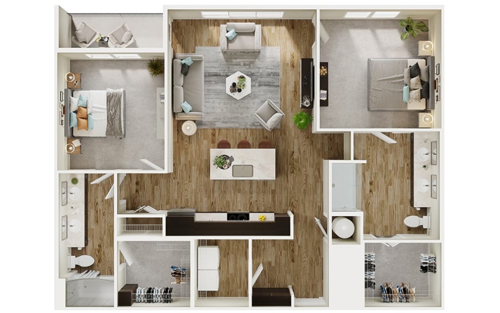 B5 - 2 bedroom floorplan layout with 2 bathrooms and 1238 square feet (3D)