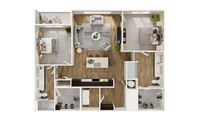 B5 - 2 bedroom floorplan layout with 2 bathrooms and 1238 square feet