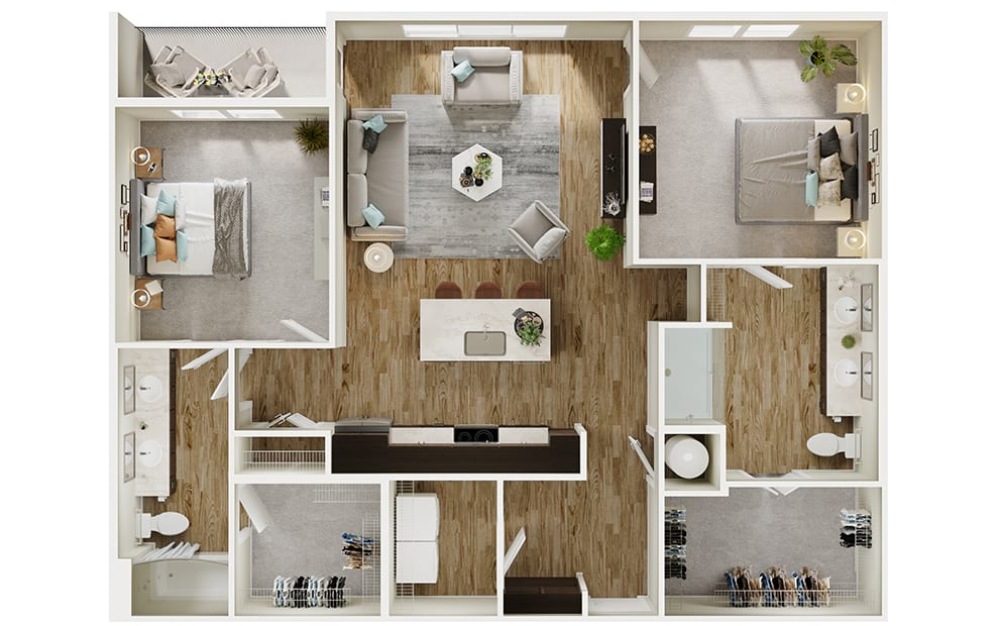 B6 - 2 bedroom floorplan layout with 2 bathrooms and 1261 square feet (3D)