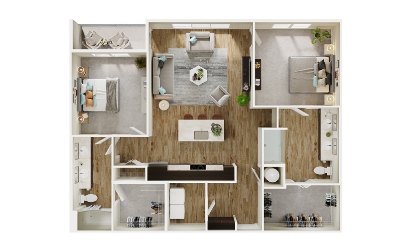 B6 - 2 bedroom floorplan layout with 2 bathrooms and 1261 square feet