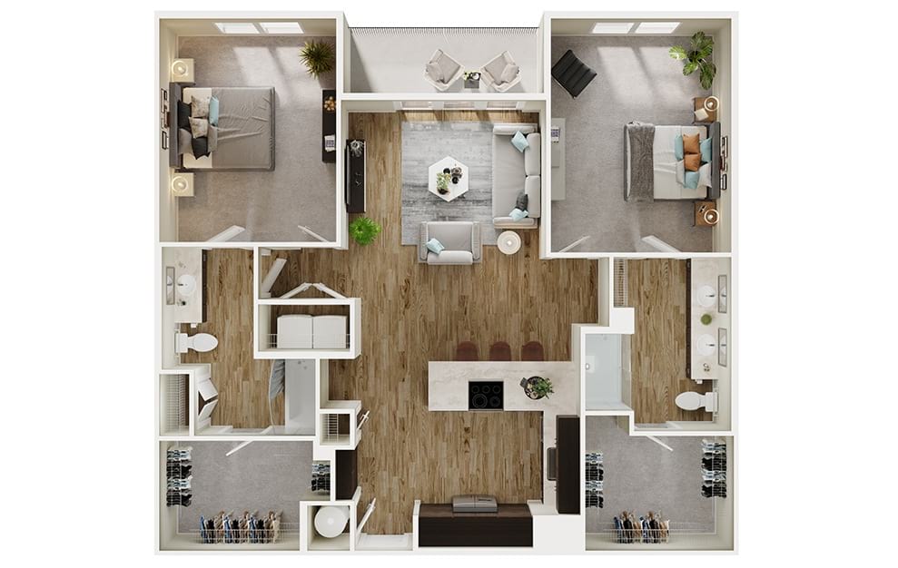 B7 - 2 bedroom floorplan layout with 2 baths and 1317 square feet. (3D)