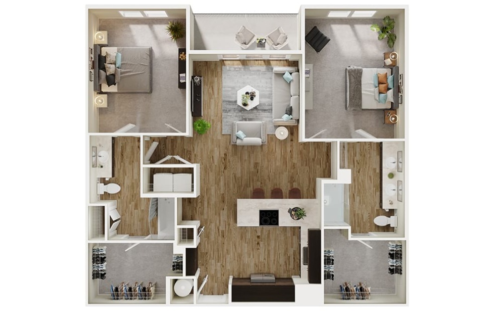 B7 - 2 bedroom floorplan layout with 2 bathrooms and 1317 square feet (3D)