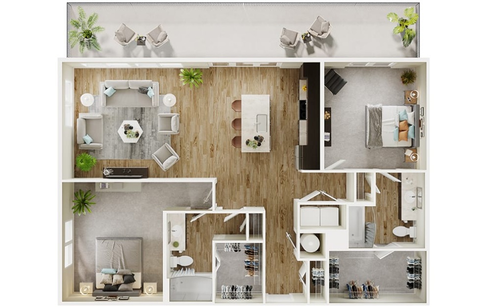 B8 - 2 bedroom floorplan layout with 2 bathrooms and 1330 square feet (3D)