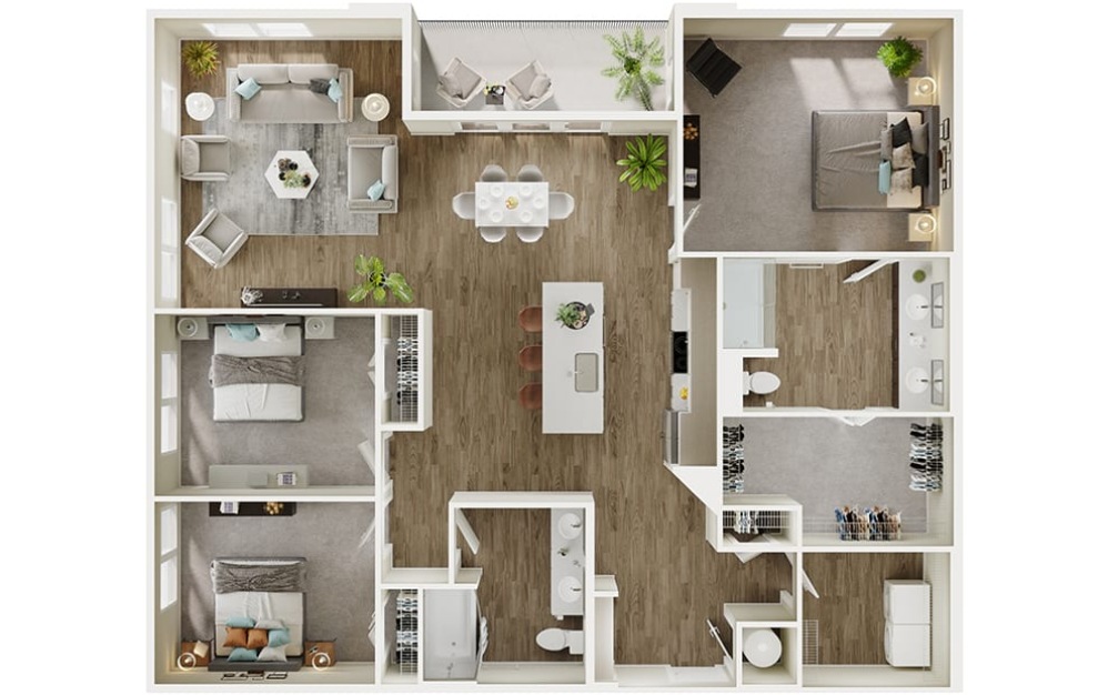 C1 - 3 bedroom floorplan layout with 2 bathrooms and 1594 square feet (3D)