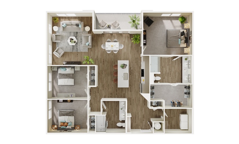 C1 - 3 bedroom floorplan layout with 2 bathrooms and 1594 square feet